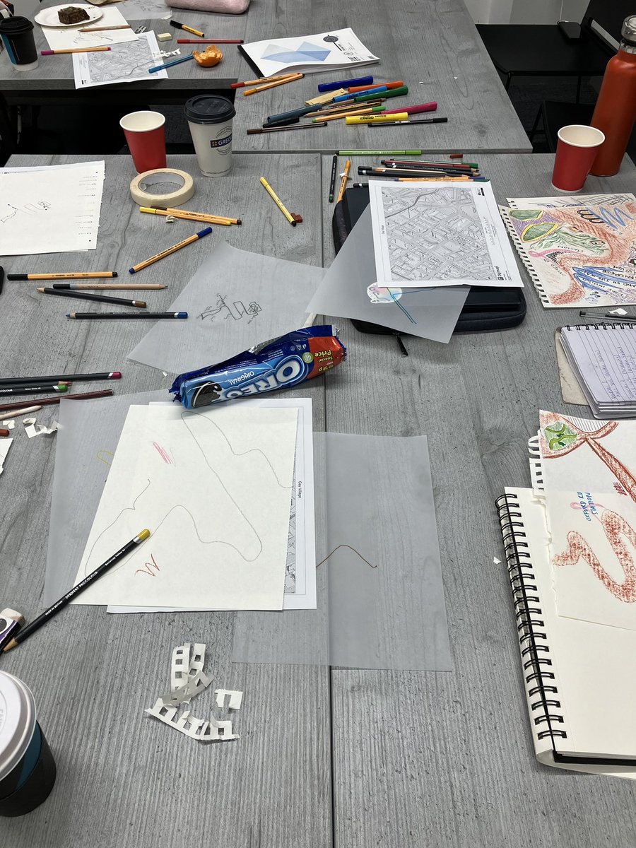 MarkusHetheier's tweet photo. Round two of engaging research participants in sonically investigating Manchester from a queer perspective: today they were drawing soundmaps @SODAmcr based on their soundwalks in the city earlier this week. #soundstudies #humangeography #queerstudies #practiceasresearch https://t.co/ejYidOdcg7