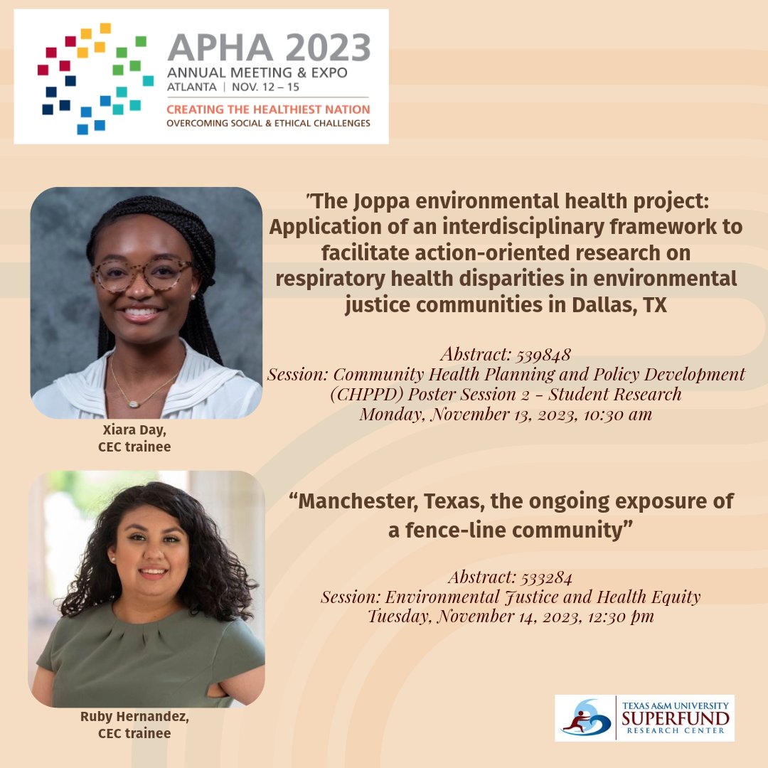Texas A&M Superfund Research Center (@tamusuperfund) on Twitter photo APHA Annual Meeting & Expo coming up. Introducing Xiara Day and Ruby Hernandez, <a href="/tamusuperfund/">Texas A&M Superfund Research Center</a> CEC trainees, who will be showcasing their @SRP_NIEHS research at the poster sessions. Stop by and check out their posters. <a href="/PublicHealth/">APHA</a> <a href="/tamuvetmed/">Texas A&M VetMed</a> APHA Annual Meeting & Expo coming up. Introducing Xiara Day and Ruby Hernandez, <a href="/tamusuperfund/">Texas A&M Superfund Research Center</a> CEC trainees, who will be showcasing their @SRP_NIEHS research at the poster sessions. Stop by and check out their posters. <a href="/PublicHealth/">APHA</a> <a href="/tamuvetmed/">Texas A&M VetMed</a>