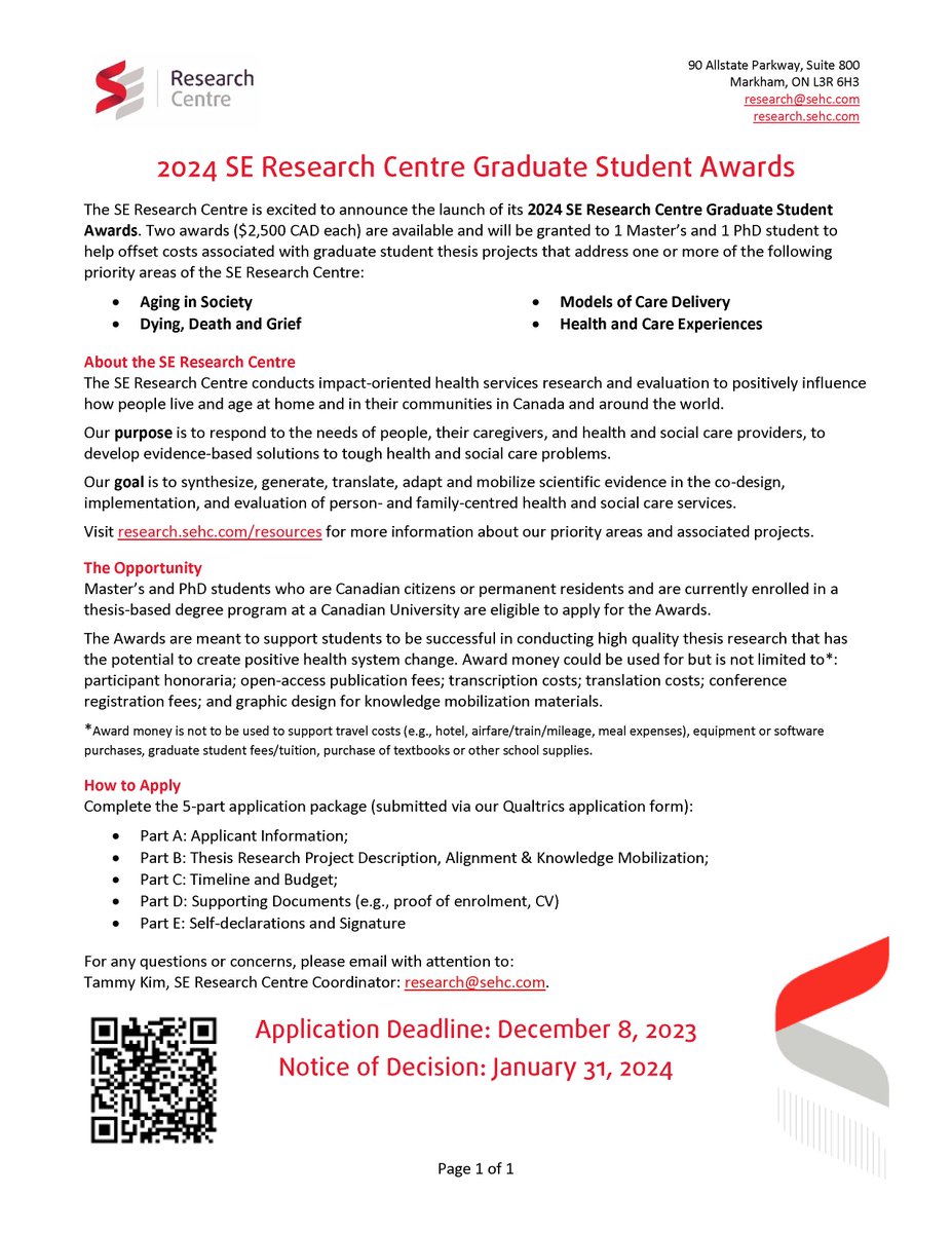 Elizabeth Kalles (@lizdoesresearch) on Twitter photo ATTN #Canadian grad students! <a href="/SEHCResearch/">SE Research Centre</a> has launched their 2024 competition for 2 $2,500 CAD awards - 1 master's, 1 PhD. Apps are due Dec 8, 2023 & the $$ is meant to offset research costs in your thesis/dissertation (e.g. honoraria, open access fees, conference registration) ATTN #Canadian grad students! <a href="/SEHCResearch/">SE Research Centre</a> has launched their 2024 competition for 2 $2,500 CAD awards - 1 master's, 1 PhD. Apps are due Dec 8, 2023 & the $$ is meant to offset research costs in your thesis/dissertation (e.g. honoraria, open access fees, conference registration)