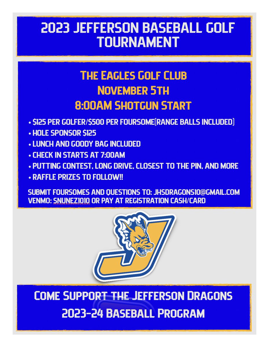 JHSDragonsBsbl's tweet photo. Looking forward to a great Golf Tournament this Sunday at The Eagles! We still need a couple golfers to fill in if you’re interested! Contact me if you have any questions. Thank you. Go Dragons! 🐉🐉 @tampajhs @813Preps https://t.co/5vHYhWkM7N