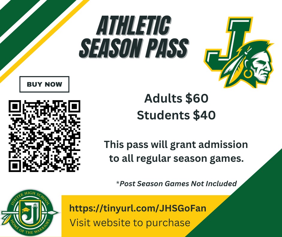 JHFLBoosterClub's tweet photo. JHS BOOSTER ATHLETIC SEASON PASSES ARE NOW ON SALE FOR A LIMITED TIME!

The ATHLETIC SEASON PASS is valid for the remainder of all regular season sporting events! 
*Post Season Games not included

Scan the QR code to purchase! https://t.co/1kKVgE26rT