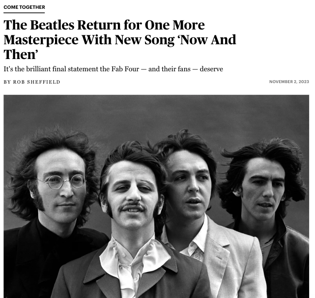 robsheff's tweet photo. The Beatles’ “Now and Then” is the final masterpiece they—and we—deserve. It's a tribute to Paul's obsessive devotion that he spent so many years bringing  his friend's song into the world.  

My Rolling Stone piece on this song's emotional power:

Read: https://t.co/r5h7QFGfsU https://t.co/6TNF3yZ7zJ