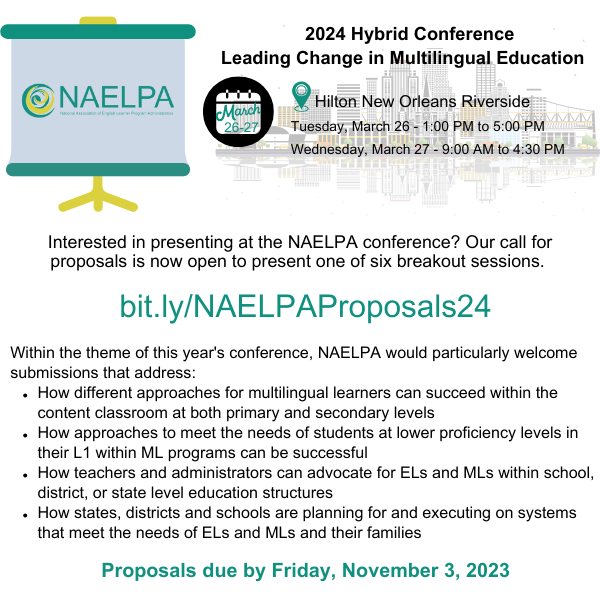 Call for proposal deadline is FRIDAY! We would love to hear from YOU! Apply today for the opportunity to present one of six breakout sessions. bit.ly/NAELPAProposal… #NAELPA #NAELPAConference