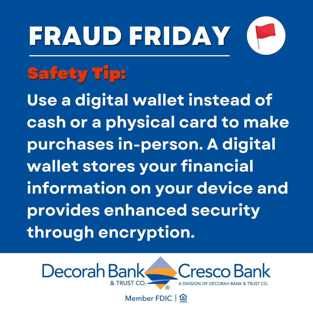 DecorahBank's tweet image. Don’t let fraudsters steal your hard-earned money! Use this safety tip to stay safe and secure. Visit our digital banking page to get started with mobile wallets. decorah.bank/Personal/Bank/…
 #FraudFriday 🚩