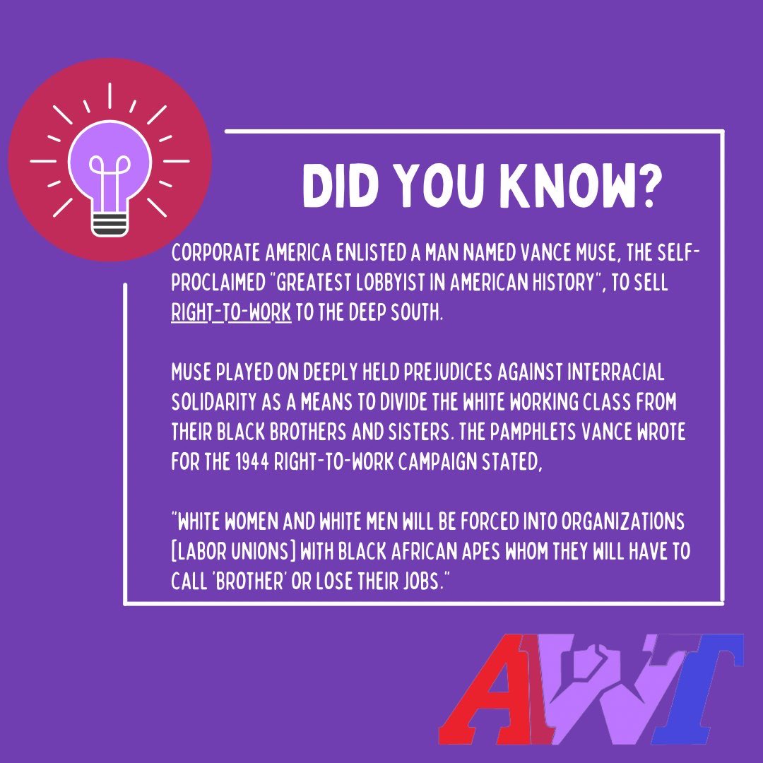 AZWorksTogether's tweet photo. Did you know:
“Right-to-work” has racist roots.
#workingclass #workers #arizona #union #unionstrong #azworkstogether #workerpower #politics #labor #middleclass https://t.co/zNDWSV6P4c