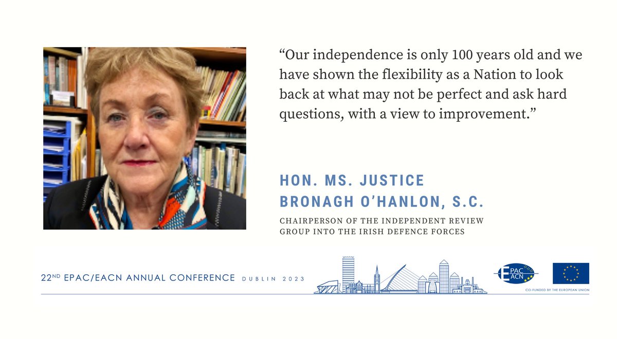 GardaOmbudsman's tweet image. The Hon. Ms. Justice Bronagh O’Hanlon, Chairperson of the Independent Review Group into the Defence Forces, is currently speaking at #EPACEACN23