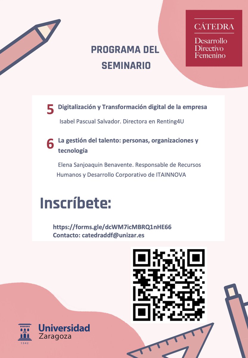 DesarrolloD_fem's tweet photo. Seminario de Liderazgo Femenino y Gestión Integral de la Empresa, del 13 noviembre al 18 diciembre, todos los lunes de 18h a 21h.

· Formato online y con opción a presencialidad en alguna de las sesiones.

· Inscripción: https://t.co/uRSjHRSctz

#catedra #liderazgofemenino https://t.co/V6h5kMl6aH