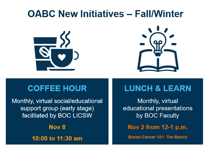 DFCI_BreastOnc's tweet photo. 📣Our Program for Older Adults with Breast Cancer #OABC just launched a LUNCH & LEARN monthly educational series:
https://t.co/tqmBSPpvlS
And a monthly COFFEE HOUR social support and educational group for older patients with early stage #BreastCancer.
https://t.co/CkdU3xcBnQ https://t.co/eaCUQm7cZ0