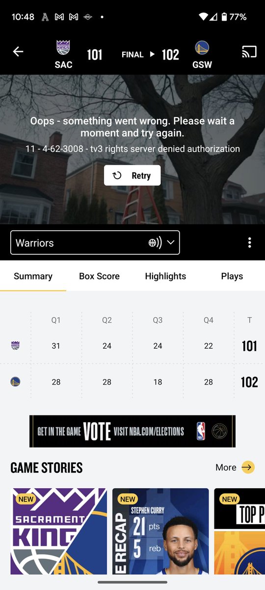 briansmith80's tweet photo. @NBALPSupport hello..how do I fix this error message? It's showing on all of my devices Android phone, fire tv, and computer. https://t.co/fQz0xAhW5K