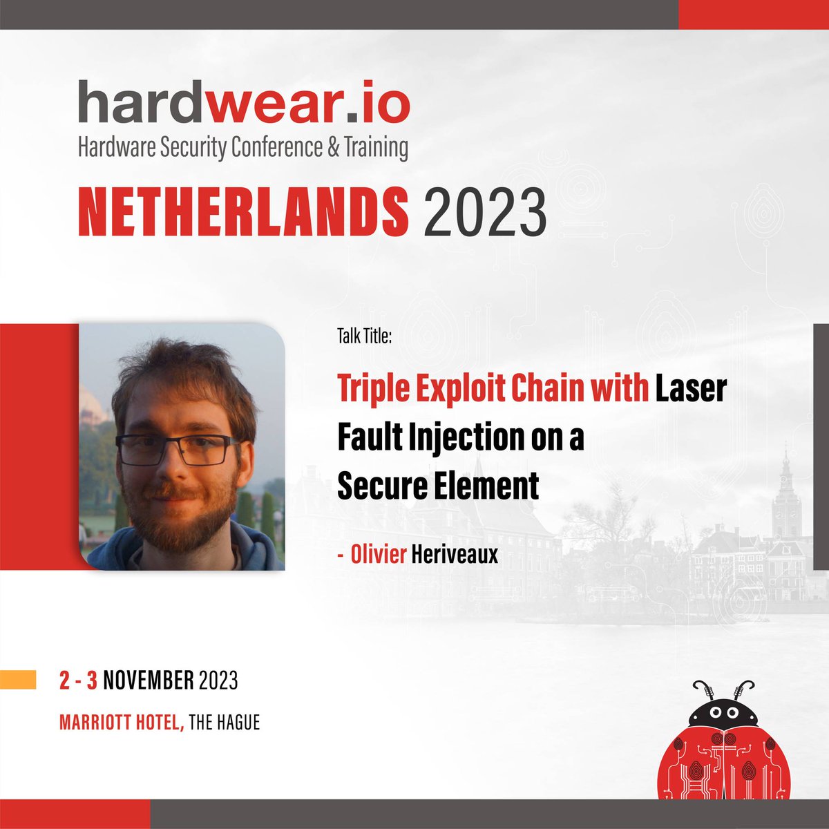 hardwear_io's tweet image. After the lovely 🧇+☕ break
Up next⏭️⚡Laser #FaultInjection on a Secure Element!
🔎Olivier Heriveaux & his team discovered a new vulnerability in the newly released Microchip ATECC608B, allowing an attacker to extract internal EEPROM masking keys
#hw_ioNL2023 #Conference