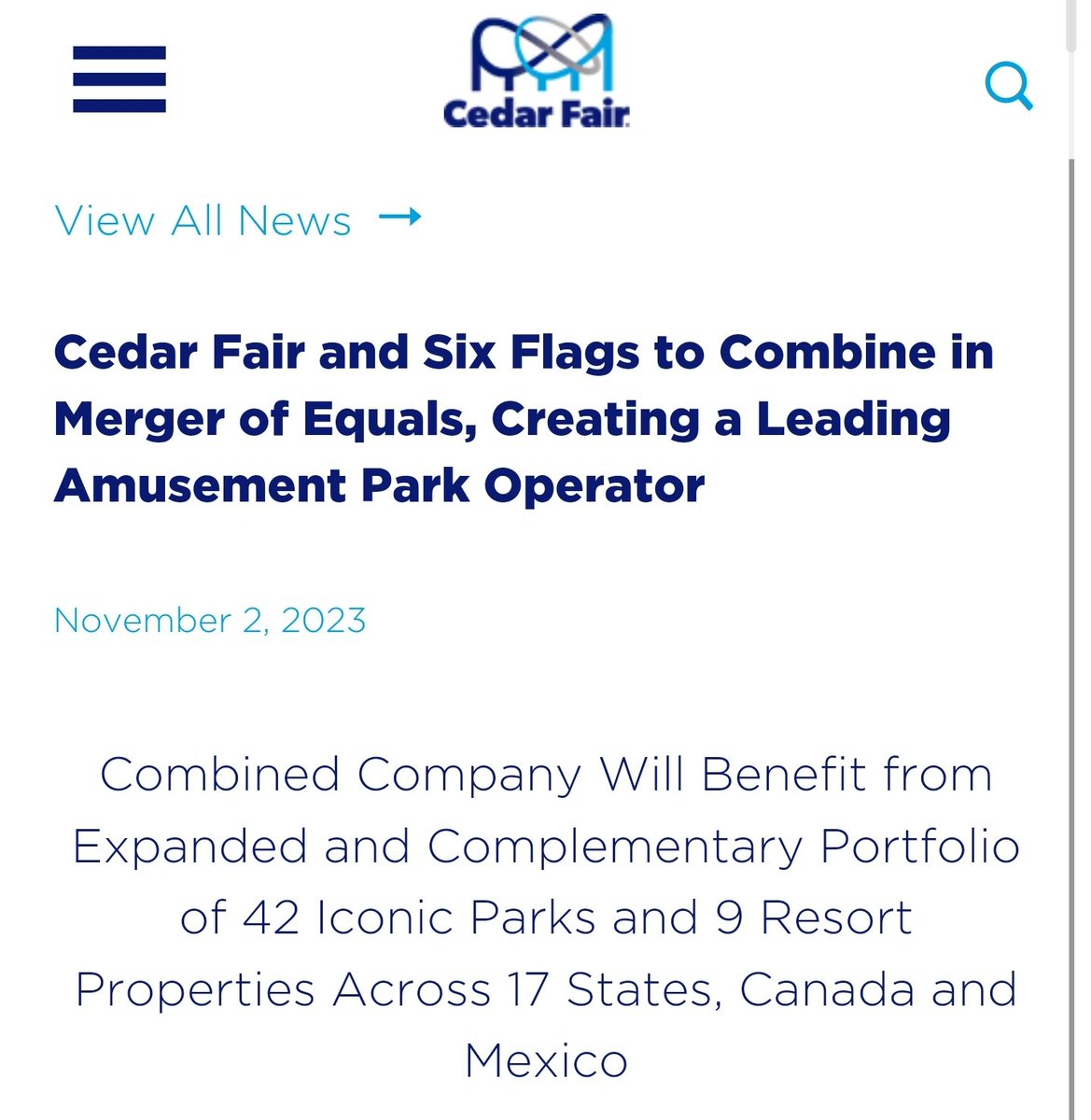 #SixFlags & #CedarFair are OFFICIALLY merging into one regional amusement park mega-corporation named 'Six Flags' which will be headquartered in Charlotte, NC. Deal expected to close in 1st ½ of '24.

RIP competition. Welcome to our new dystopian amusement overlords, Six Flags 🪦