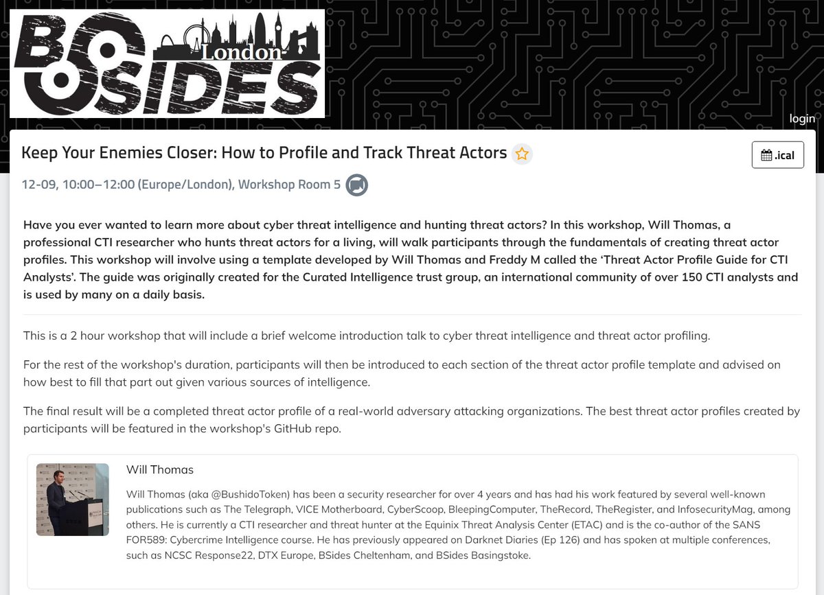 My upcoming CTI workshop: 'Keep Your Enemies Closer: How to Profile and Track Threat Actors' at #BSidesLondon2023 is live! pretalx.com/bsides-london-…