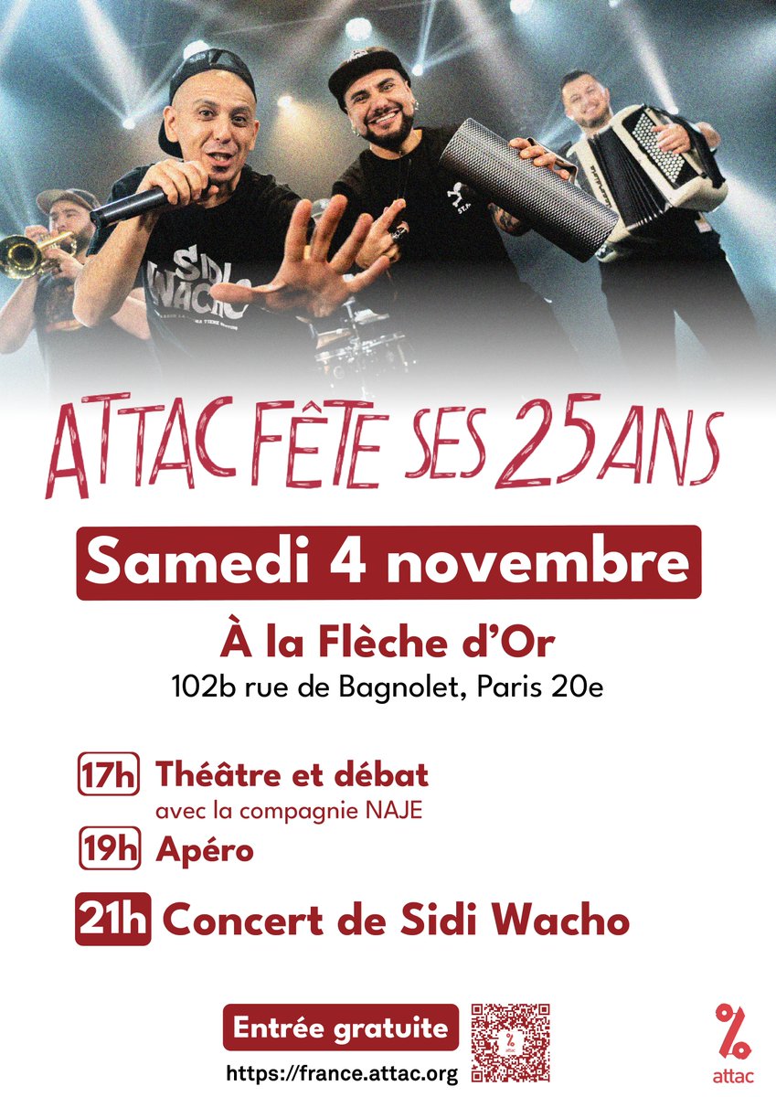 attac_fr's tweet photo. 🎉 C'est ce samedi !! 🎂
On vous attend nombreux·ses pour fêter en musique les 25 ans d'Attac ! #SidiWacho
👉 https://t.co/wKPTKWuVNl
👉 https://t.co/9xhve2C7A4 https://t.co/dtZMxqCLBD