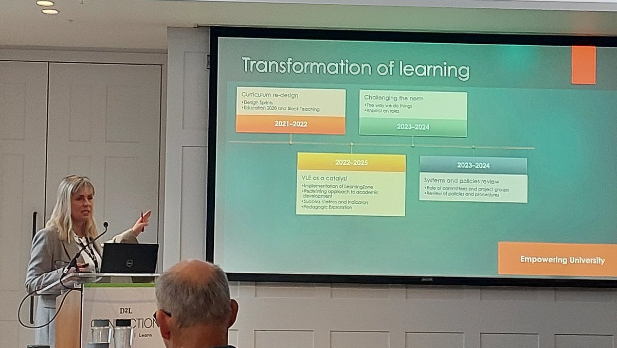 Really enjoying @CarmenTayMiles research-informed address in #D2LConnection demonstrating a brave approach to VLE implementation, moving away from migration and placing emphasis on pedagogical practice. It's about quality!