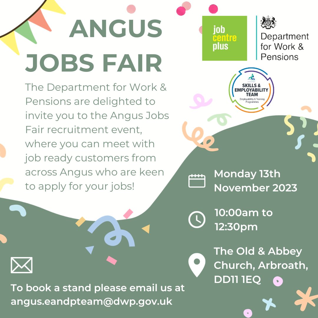 Come along to the Angus Jobs Fair held at the Old &amp; Abbey Church, Arbroath on Monday 13th November! 🎉

Doors open 10am. 🕙

To book a stand, please email angus.eandpteam@dwp.gov.uk 📧