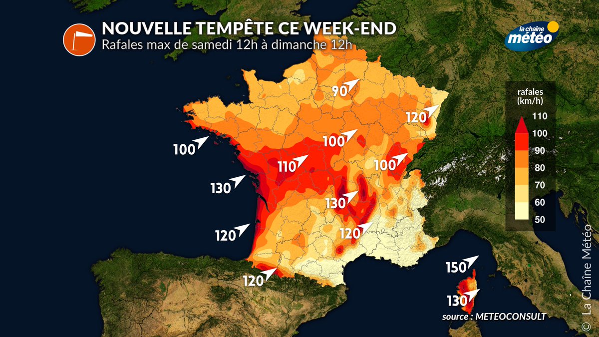 ⚠Nouvelle #tempête (moins forte que #Ciaran) ce W-E. Les régions les + exposées pourraient être centre-ouest #samedi et #Corse #dimanche (raf. de 100-130 km/h possibles sur les côtes et 100-110 km/h dans l'intérieur). Elle pourrait s'appeler #Debi si elle est nommée par les 🇬🇧.