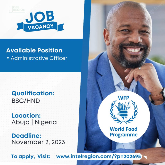 jobsregion's tweet image. APPLICATION CLOSES TODAY FOR THESE JOBS - APPLY NOW

A  THREAD🧵

1. United Nations World Food Programme (WFP) is accepting applications for its vacant position.

Deadline: November 2, 2023.

Qualification: HND | Bachelor's Degree 

Apply: rb.gy/3s4mv