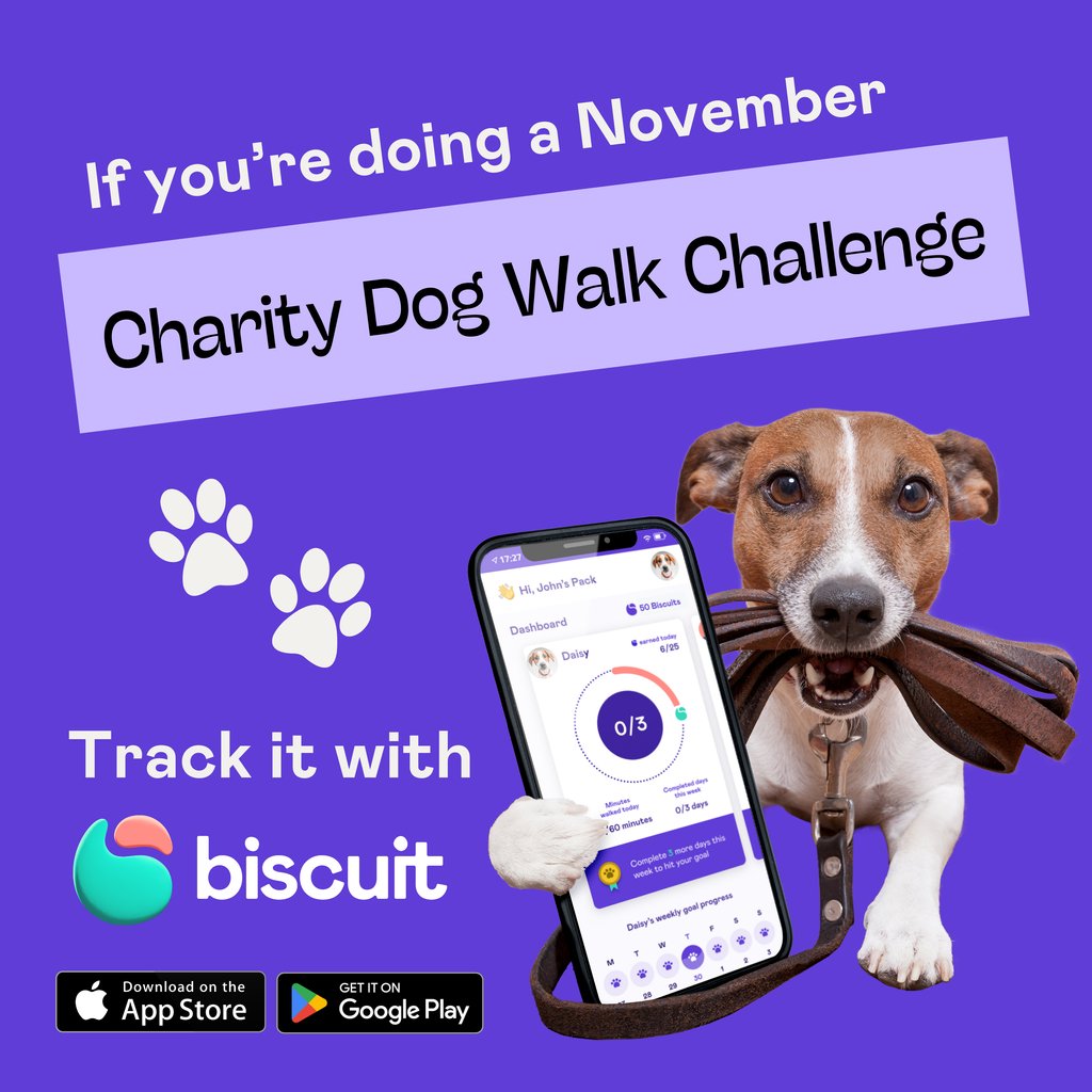 Taking part in a charity dog walk this November? Don't forget to track your walks & earn Biscuits to put towards good causes 🐶 Donate in the Biscuit app or earn vouchers & donate to food banks 💚 #samaritans 💛 #MarieCurie 💙 #Mentalhealthmovement 🧡 #BoneCancerResearchTrust