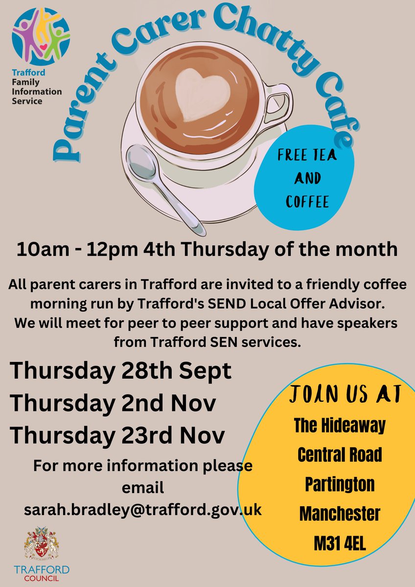 TraffordSENDIAS's tweet photo. Dont forget The SEND Local Offer Advisor is at the Hideaway today, from 10am - 12pm where Justin Coleman, Head of Complex Needs Service and Louise Eagle from SENDIASS will join them. #send #sendevent #traffordparentcarers
https://t.co/Ldg0ekOJ1T https://t.co/MU4juirbZT