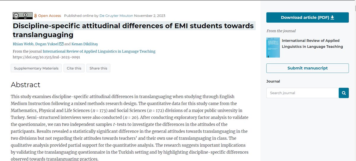 A new open access publication is out in the International Review of Applied Linguistics in Language Teaching.  A nice collaboration with  w/Rhian Webb and <a href="/kenandklts/">Kenan Dikilitaş</a>  tinyurl.com/35xpsuzk