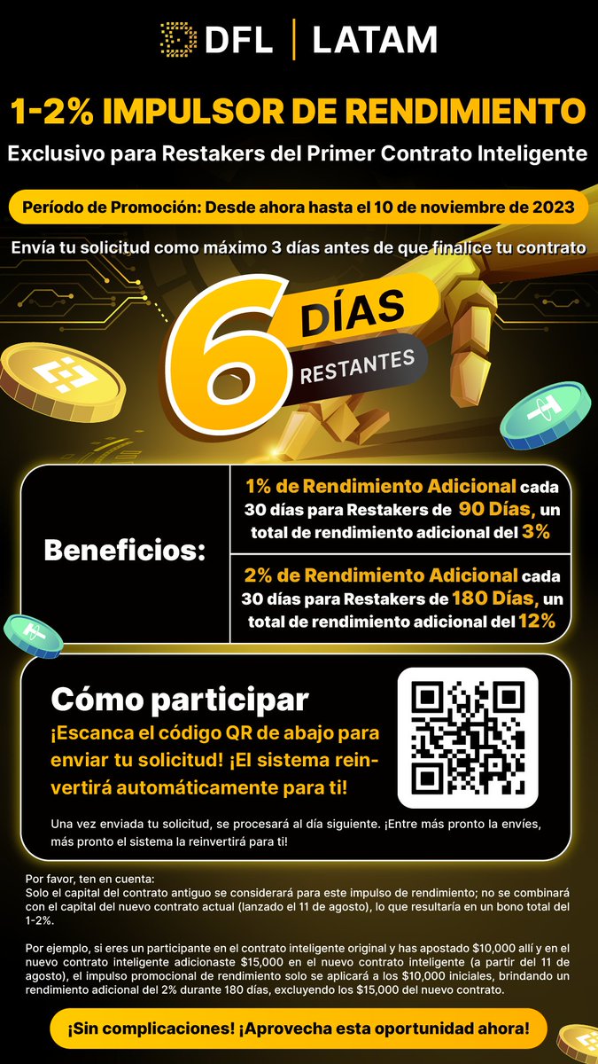 DflLatam's tweet photo. ¡Impulsa tus rendimientos en solo 6 días! Nuestro evento de cuenta atrás está aquí. ¡Prepárate para increíbles ganancias! 🚀💰
#defi #DFL #stake #criptomonedas #apr #bsc #BNB #BTC #finanzasdecentralizadas #lucro #inteligenciaartificial #ai #cripto #YieldBooster #CountdownEvent https://t.co/mKPipDlroq