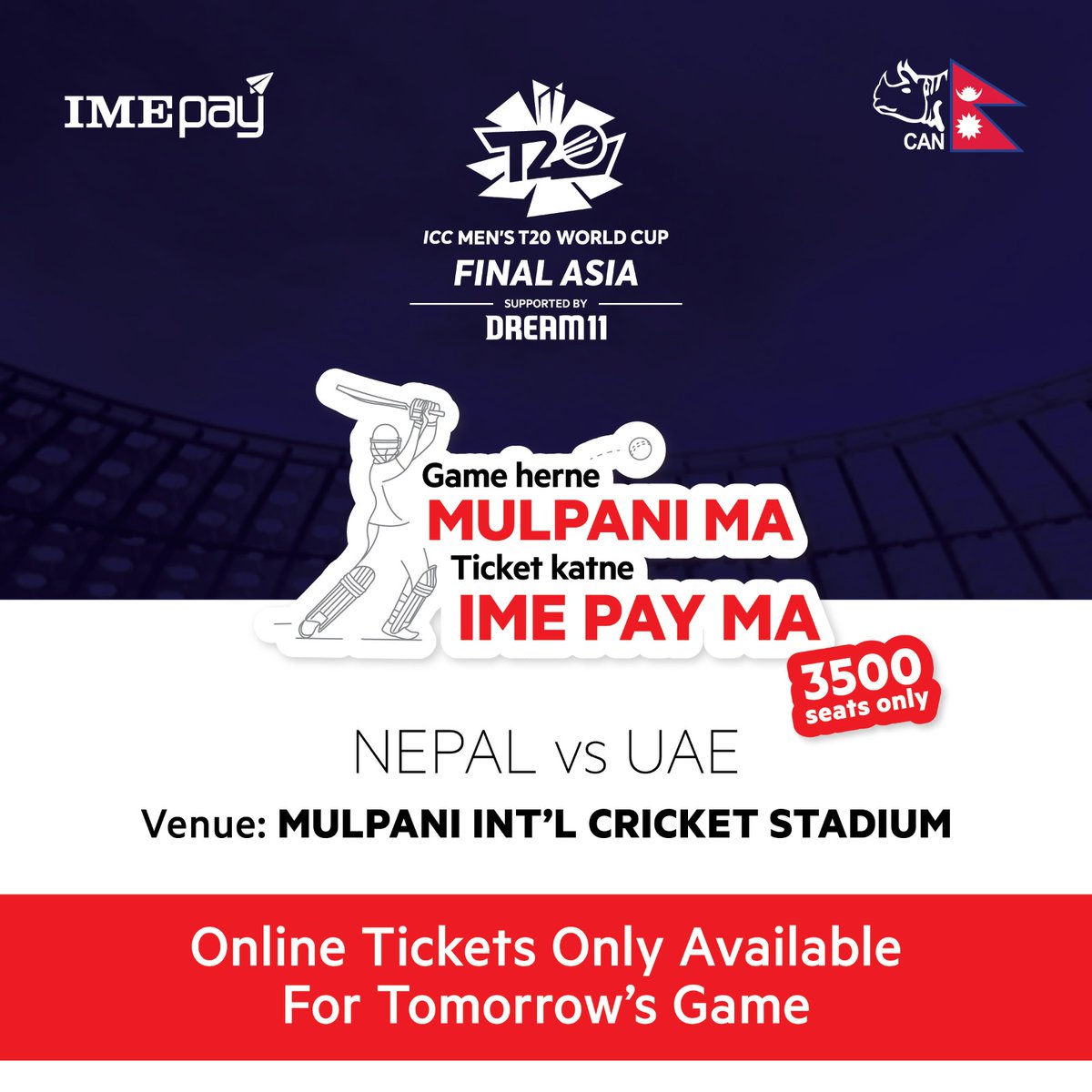 Nothing like living & breathing the ground air while we make our way for the Finals & the World Cup. Get your tickets for the Semi-Finals here:
bit.ly/t20semifinal

#imepay #weCAN #ICCT20Q #MissionWorldCup #imepaybataticket