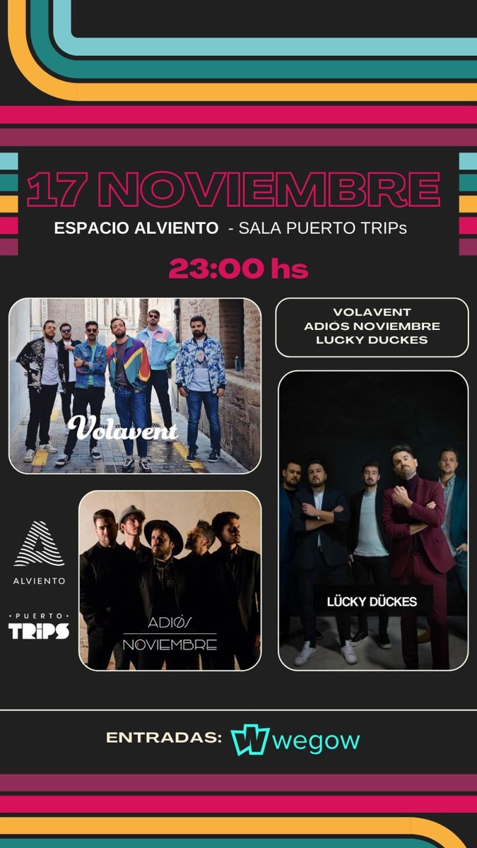 📣¡CARTAGENA!📣

El 17 de noviembre nos vemos en el <a href="/espacioalviento/">Al Viento de Levante AVL</a>  junto a <a href="/adiosnoviembre/">Adiós Noviembre</a>   y <a href="/somosvolavent/">Volavent</a>  para una noche mágica.

Entradas en <a href="/wegowES/">wegowes</a> 

wegow.com/es/conciertos/…