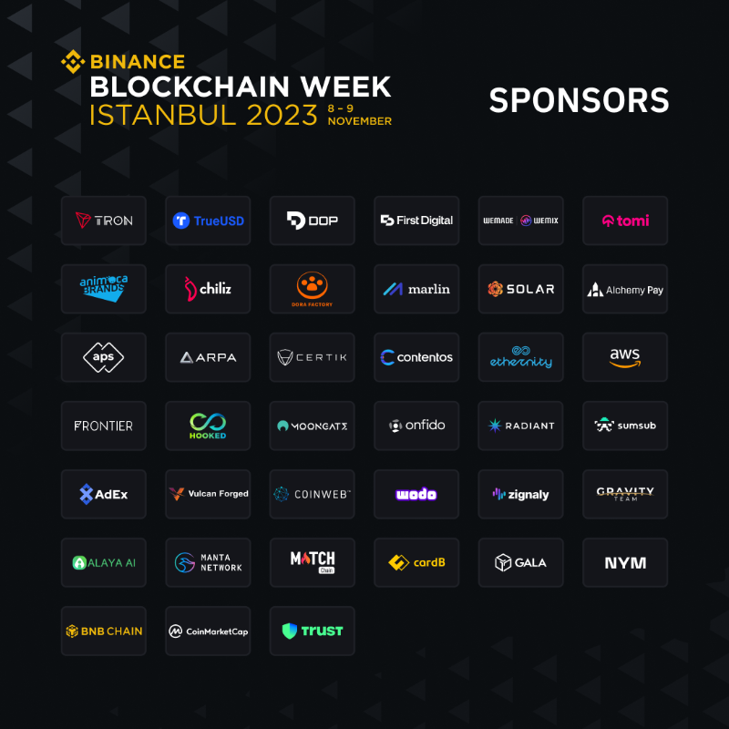 binance's tweet photo. See you all in a week! 

But before that, we'd like to thank our sponsors joining us in Istanbul for #BinanceBlockchainWeek

Check them out 👉