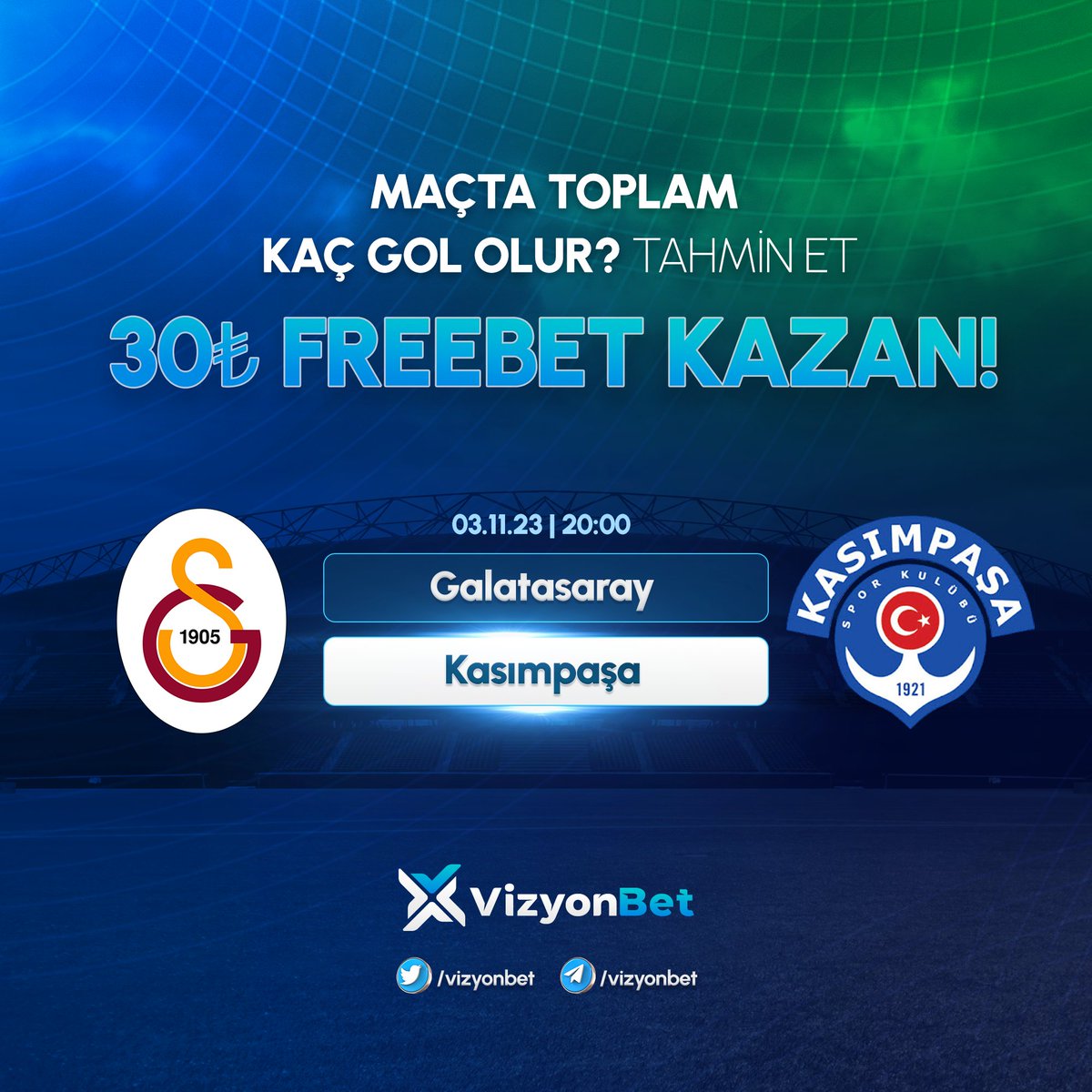 vizyonbet's tweet photo. 🎁 Vizyonbet'de günün etkinliği!

⚽️ Galatasaray - Kasımpaşa maçında toplam kaç gol olacağını doğru tahmin eden herkese 30₺ Freebet hediye!

✅ Hesabımızı takip et, gönderiyi retweetle ve 3 arkadaşınızı etiketleyin !
📲 Kullanıcı adını ve tahminini yorumlarda paylaş https://t.co/rfTR23bqob