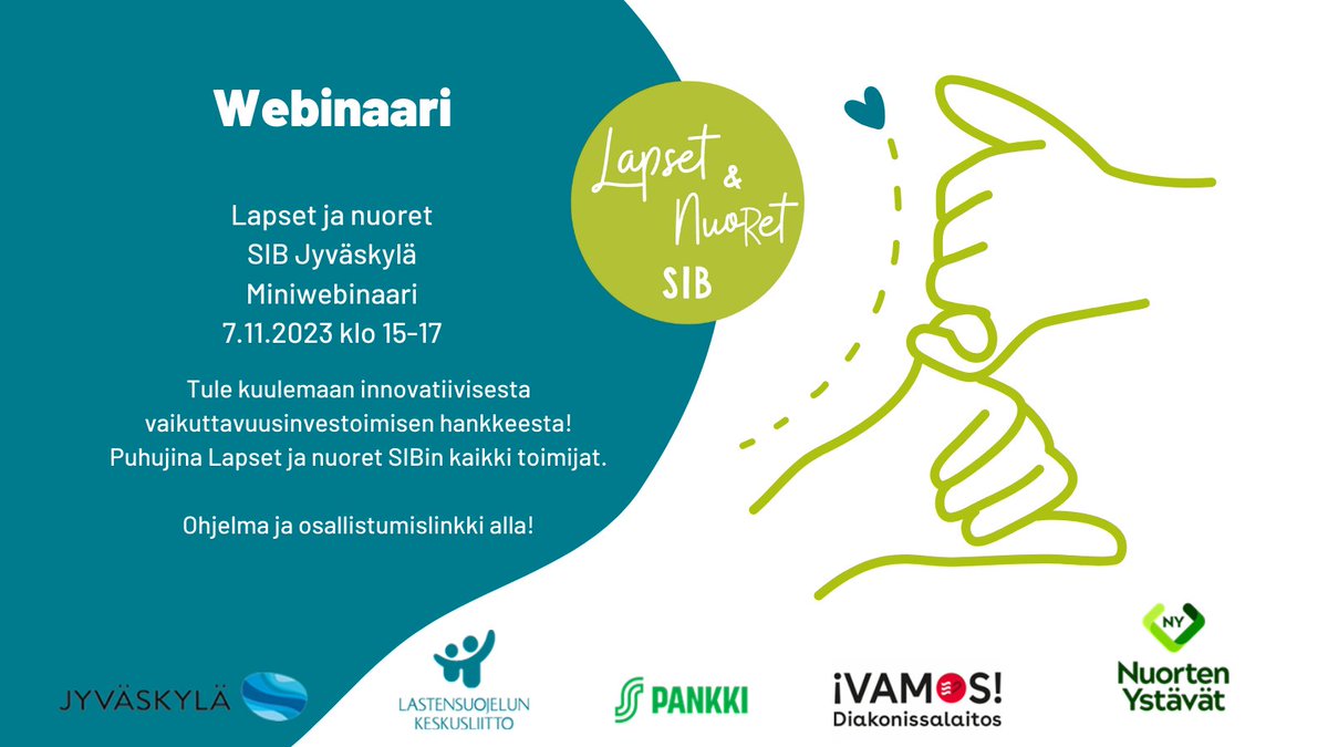lastensuojeluKL's tweet photo. Tervetuloa kuulemaan innovatiivisesta vaikuttavuusinvestoimisen hankkeesta! 💡
💚 Miniwebinaari: Lapset ja nuoret SIB Jyväskylä 7.11. klo 15-17
Ohjelma ja ilmoittautuminen: https://t.co/AGBsokNSdy
#LapsetSIB #vaikuttavuusinvestointi https://t.co/UzNLp5TCAM