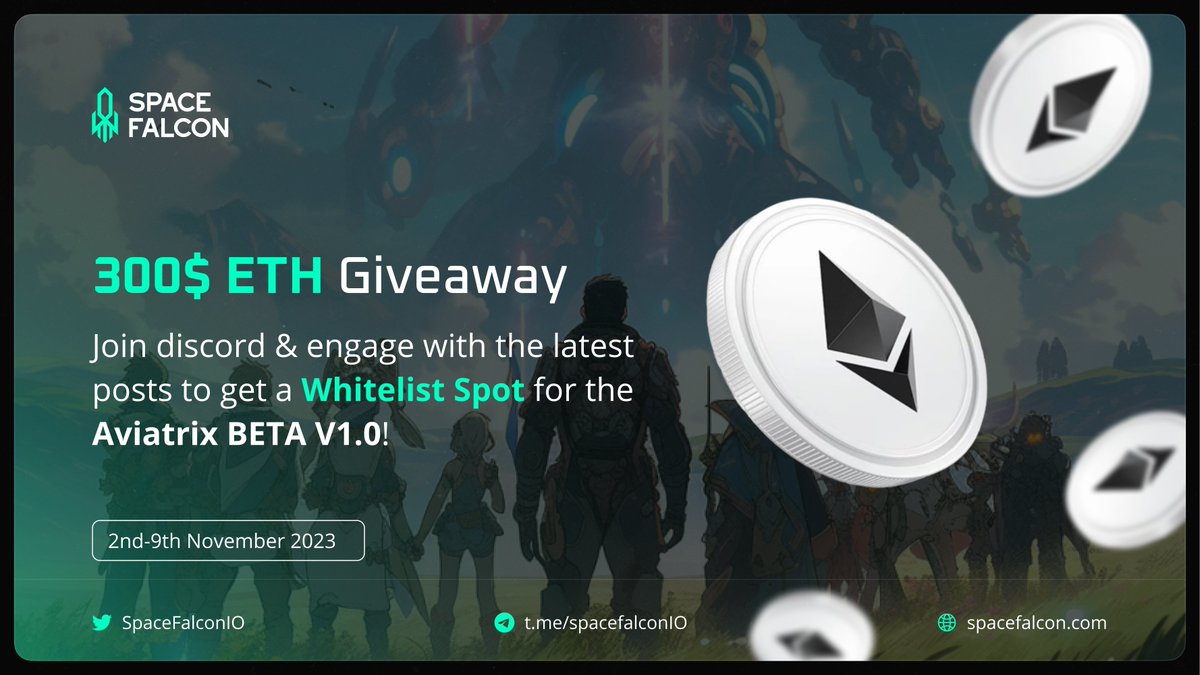 Aviatrix Game Giveaway! 🎉

300$ #ETH for 2 winners! 🏆

Requirements:
✅ Follow <a href="/fcon_dex/">FCON DEX</a> and @SpaceFalconIO
✅ Like &amp; RT
✅ Tag 3 friends

👑 Bonus task
- Engage with posts of both Twitter accounts. 
- Secure a Whitelist Spot 

⏰ 2nd - 9th, November

#Giveaway #Airdrop #ETH