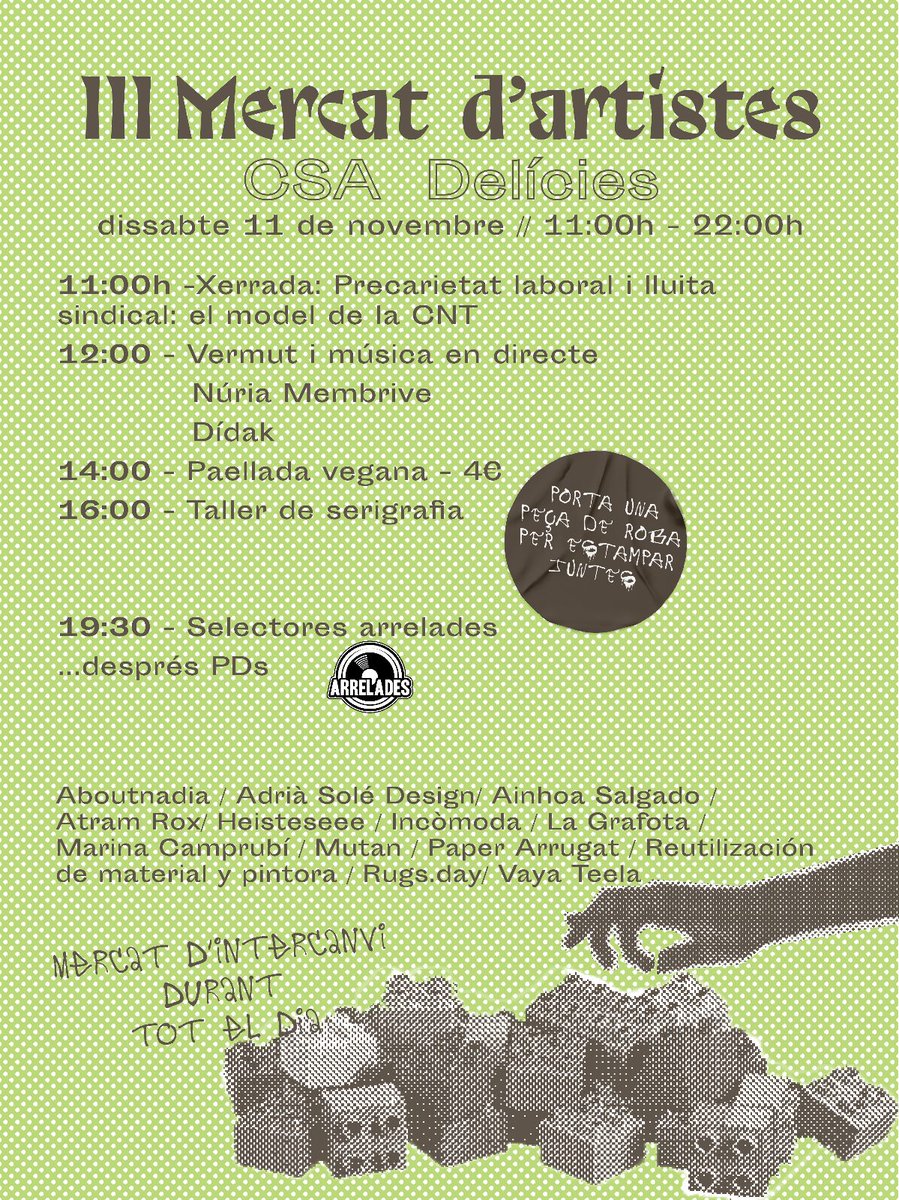 🪴JORNADES D'AUTOGESTIÓ.0🪴

📍 Del 9 a l'11 al CSA Delícies

Amor per les companyes i patada pels qui només volen fer diners i fer-nos fora de la ciutat💚

Cada dia hi haurà mercat d'intercanvi de roba mentre hi siguem, porta el que no utilitzis i agafa el que necessitis👕🩳