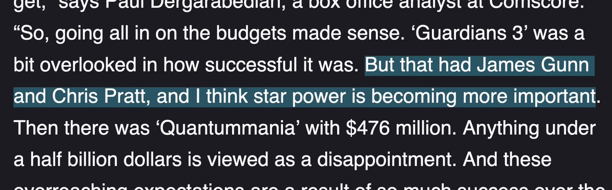 This is ABSOLUTELY THE WRONG takeaway from the success of Guardians 3 vs other Marvel releases. It's not 'star power', it's that it TOLD A GOOD STORY. It was colourful and full of joy and didn't feel awkward in ways that make the audience aware of politics behind the screen