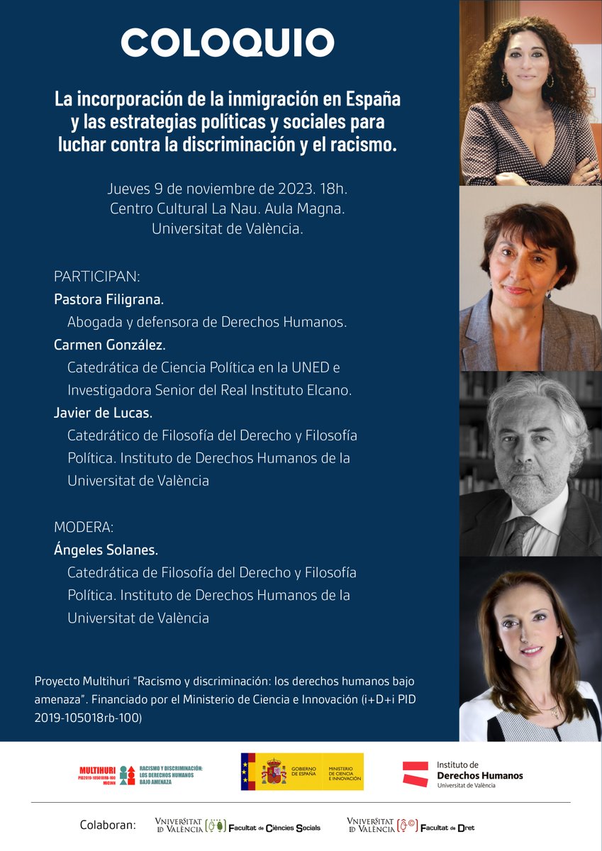 LaNauuv's tweet photo. 🔵'La incorporación de la inmigración en España y las estrategias para luchar contra la discriminación y el racismo' és el pròxim col·loqui que acull el #CCLaNau i que es basarà en el Projecte Multihuri 'Racismo y discriminación'

🗓️Dijous 09/11, 18h
📍Aula Magna https://t.co/JcntK6yXb1