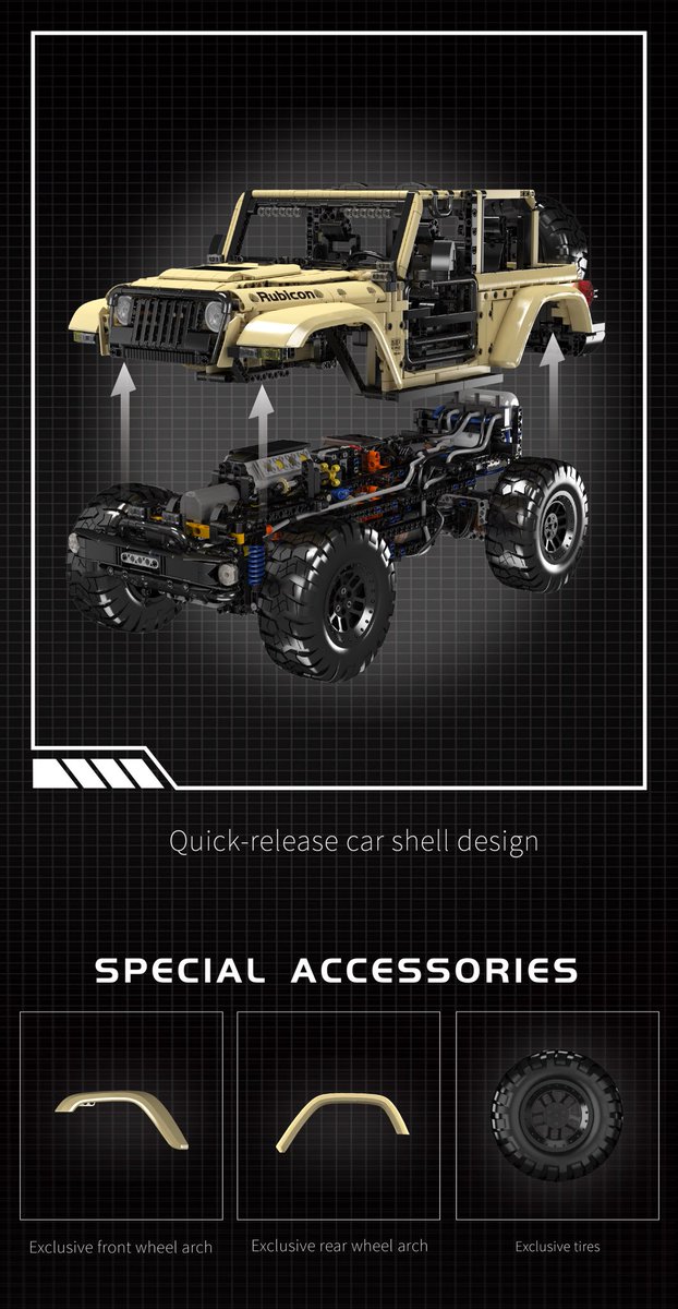 BrickMould's tweet image. Annual flagship model: No. 13184 Wrangler, a masterpiece of craftsmanship and detail.

At 1:6 scale and comprised of 3621+ precision-engineered pieces, this Jeep Wrangler is a true work of art.

#mouldking #Wrangler #FlagshipModel #CraftsmanshipMatters #bricks #toys #lego