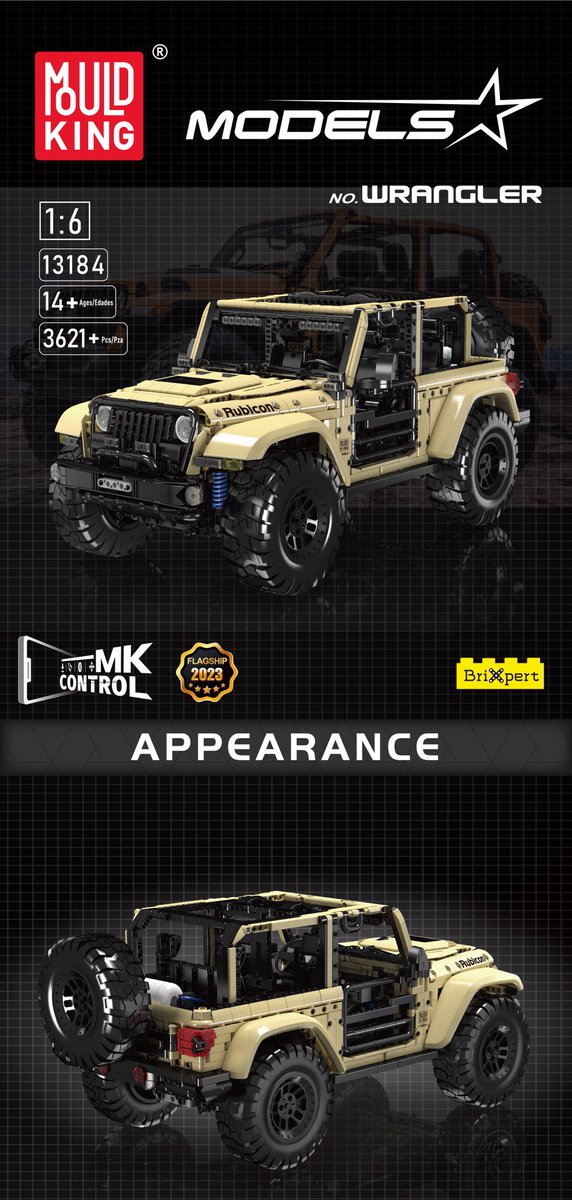BrickMould's tweet image. Annual flagship model: No. 13184 Wrangler, a masterpiece of craftsmanship and detail.

At 1:6 scale and comprised of 3621+ precision-engineered pieces, this Jeep Wrangler is a true work of art.

#mouldking #Wrangler #FlagshipModel #CraftsmanshipMatters #bricks #toys #lego