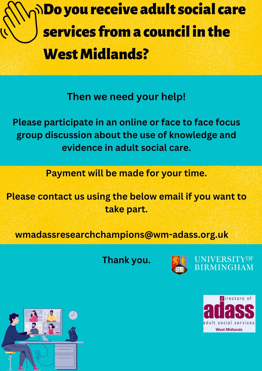 WMadassresearch's tweet photo. Our survey for people who use adult social care services and carers is in its final 2 weeks...

Following this we will be moving on to our focus groups to explore our survey findings in more depth.

If you would like to join us for a chat, please send us an email or DM 😊 https://t.co/sKVm2DkBnB
