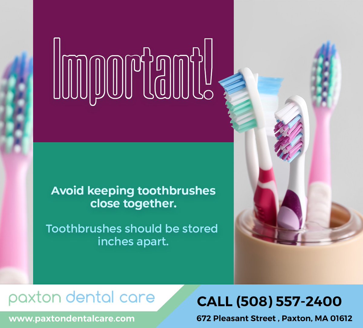 paxtondentalc's tweet photo. Storing multiple toothbrushes together can create a breeding ground for bacteria. If you live with multiple individuals, ensure that there are a few inches between each toothbrush. #toothbrushtip #drscottsiemen #paxton #MA https://t.co/z53Twe0Ygm