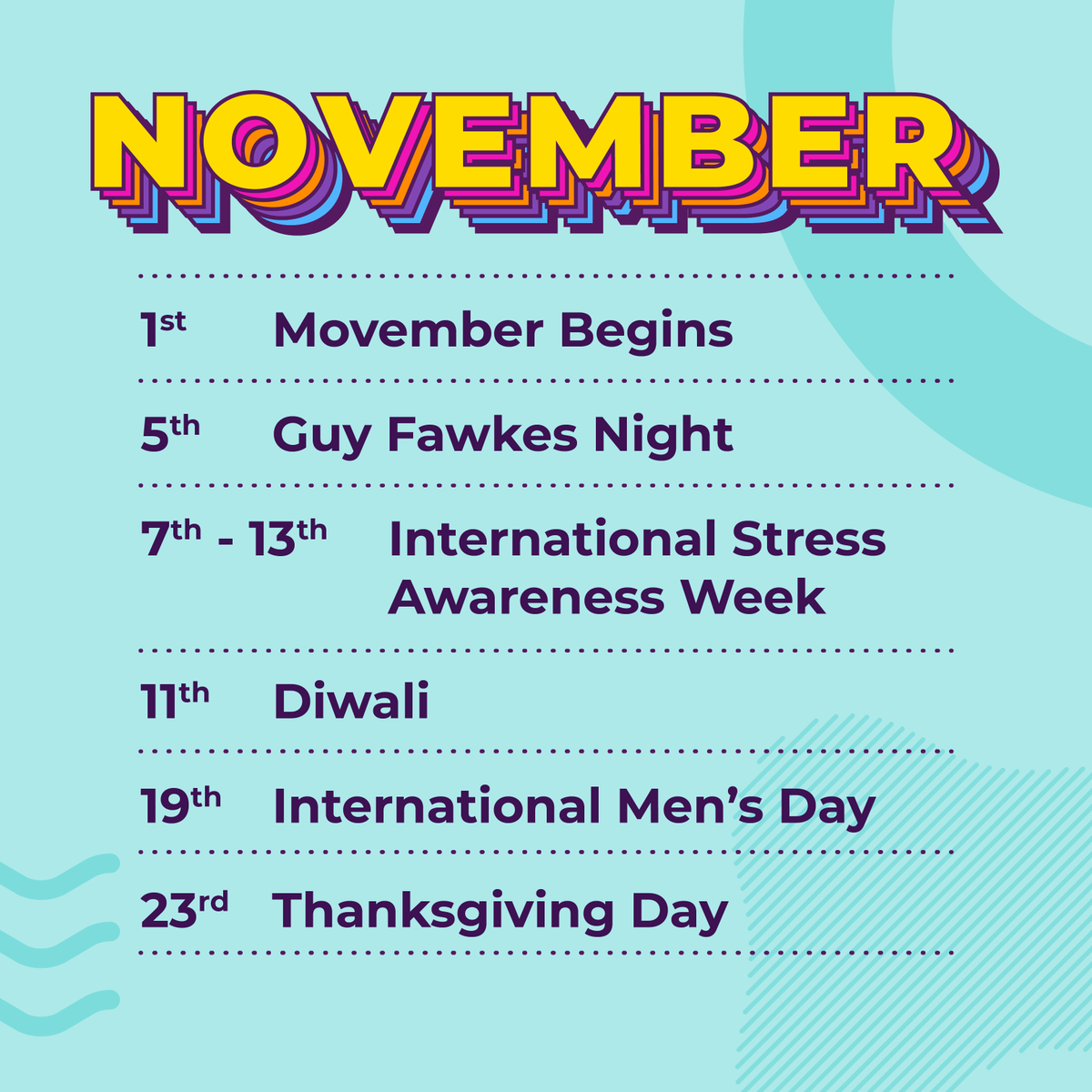 🍁🍂 November: A time for reflection, gratitude, and Movember vibes. Prioritise well-being, celebrate men, and gear up for Thanksgiving. Key dates highlighted for your planning.

#NovemberVibes #MovemberSwag #ThanksgivingPrep #EventfulNovember #ContentPlan
