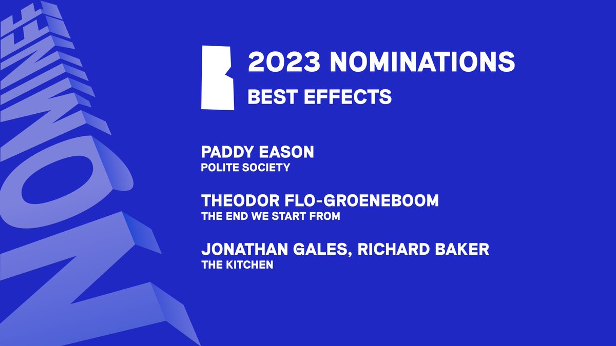 BIFA_film's tweet photo. The #BIFA2023 nominees for Best Effects are:

PADDY EASON Polite Society
THEODOR FLO-GROENEBOOM The End We Start From
JONATHAN GALES, RICHARD BAKER The Kitchen https://t.co/cY3OWwTYd5