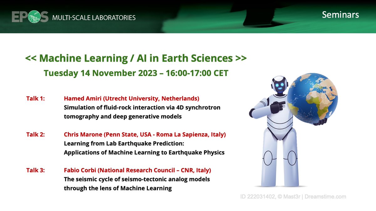 📢Save the date: MSL seminar on Tuesday 14 November 2023, 16:00-17:00 CET.   

Topic: Machine Learning / AI in Earth Sciences      

Speakers: 
Hamed Amiri (<a href="/UUEarthSciences/">Earth Sciences - Utrecht University</a>)
<a href="/chrisjmarone/">Chris Marone</a> (<a href="/penn_state/">Penn State</a>)
Fabio Corbi (CNR)

Subscribe &amp; get the Zoom link: laposta.nl/f/sso9snbeabrb