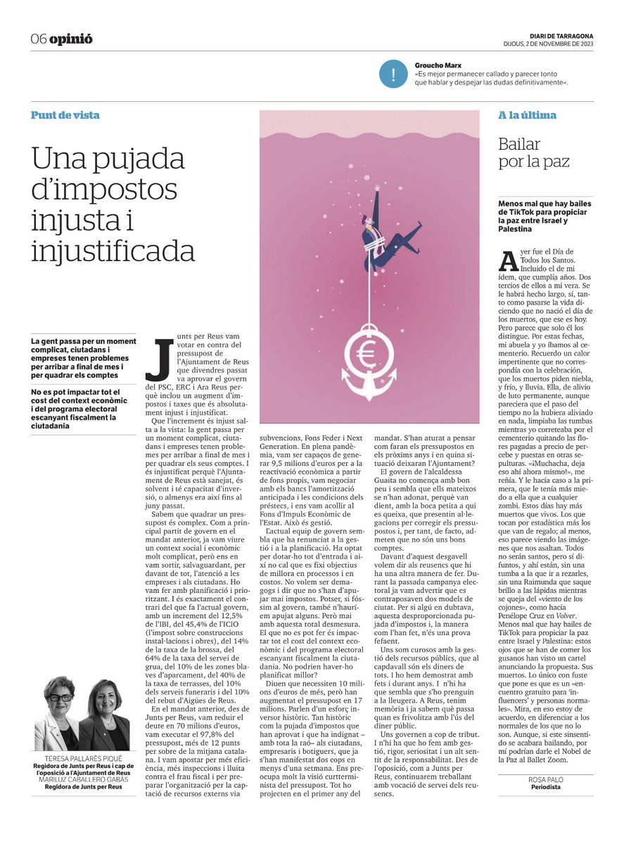 mtpallares's tweet photo. Us comparteixo l'article d'opinió al @diaridtarragona en el que, juntament amb la regidora @mcaballeroga, exposem el punt de vista de @JuntsxCAT_Reus sobre la pujada injusta i injustificada d'impostos a Reus. https://t.co/YQchHf60GA