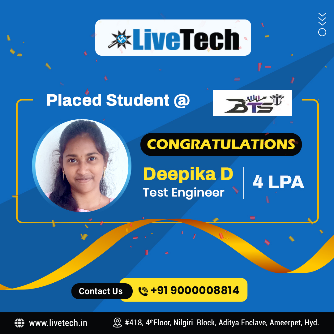 LiveTechTesting's tweet image. Congratulations on securing your dream software job! Wishing you a fulfilling and successful career ahead!

Visit our website :livetech.in
Placements : facebook.com/livetechqa  
For more details Please call us on 90000 08814
#TestingTools #Testengineer #BTS