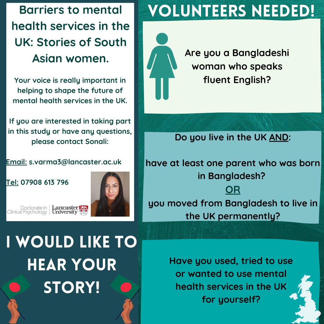 📣📣📣 PARTICIPANTS NEEDED📣📣📣 Recruitment is open! Get in touch if interested 😊 Please RT and share with friends/family/colleagues 🇧🇩🇬🇧 S.varma3@lancaster.ac.uk @LancsDClinPsy #bangladeshiwomen #bengaliwomen #southasianwomen #dclinpsy #mentalhealth #bangladeshi #research