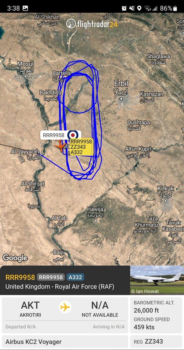 RAF KC2 Voyager ZZ343 #43C700 as RRR9958 out of RAF Akrotiri on a refueling track west of Erbil. Operation Shader mission.
@masonrothman @CeciliaSykala