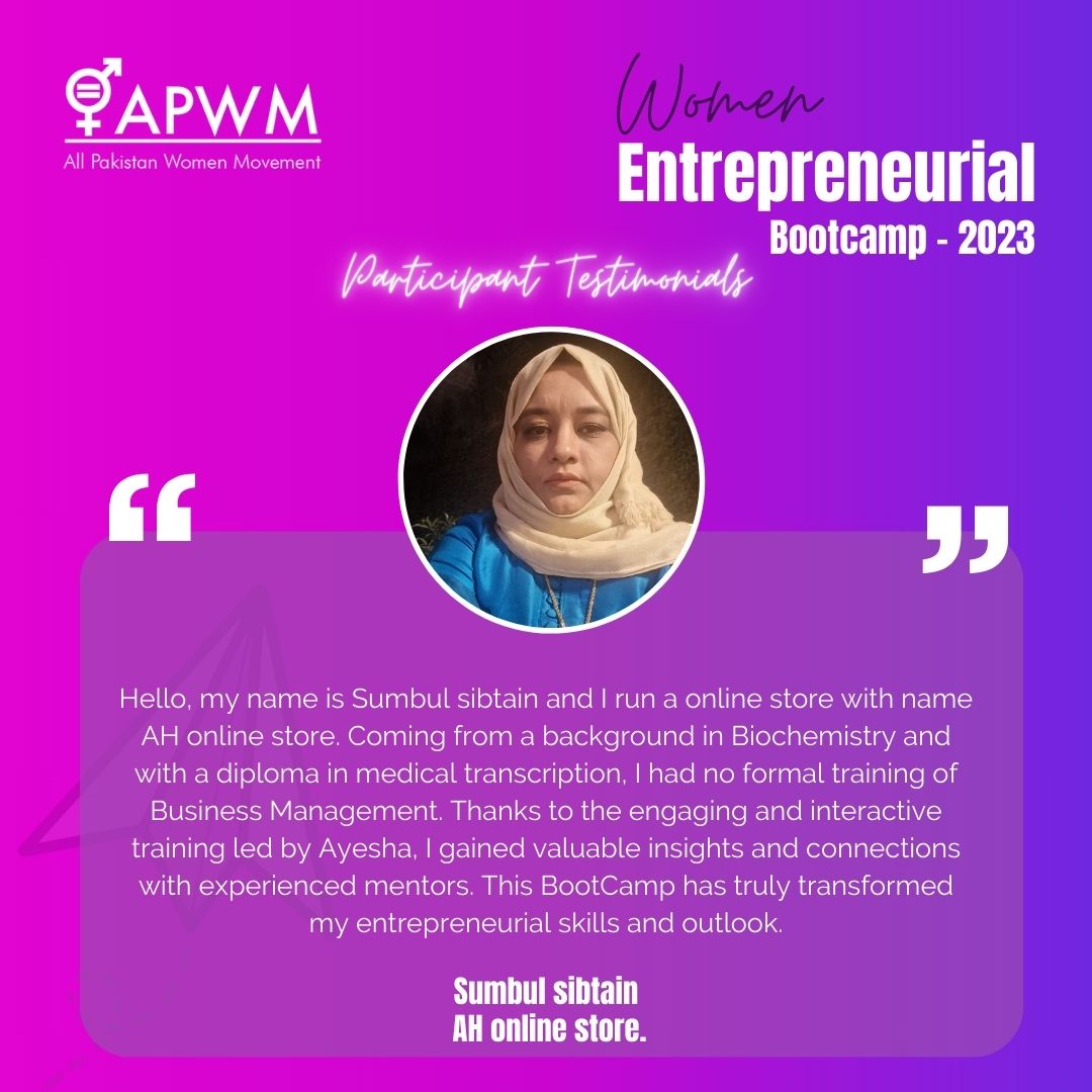 APWMofficial's tweet photo. Meet Sumbul Sibtain, the mind behind AH Online Store. From a Biochemistry background to thriving in the entrepreneurial world, she shares how the BootCamp ignited her journey to success. 

#APWM #herestoinclusion #webootcamp2023 #womenentrepreneurs https://t.co/QznUOAa5tK