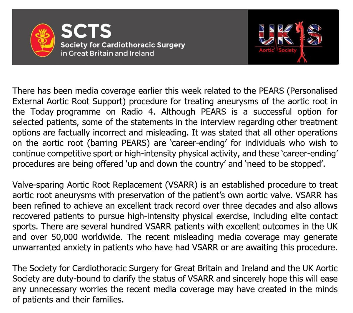 SCTSUK's tweet photo. @SCTSUK and @UKAS in response to the PEARS (Personalised External Aortic Root Support) procedure for treating aneurysms of the aortic root in the Today  programme on Radio 4.
https://t.co/HN6GFE7sE6

@BBCr4today @BBCRadio4 @bbchealth @BBCBreaking @BBCNews https://t.co/WFREkz086c