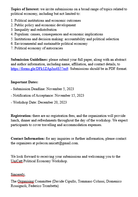 Last few days to submit your political economy papers to the 1st UniCatt Political Economy workshop!
Deadline: November, 5.
Submission link: docs.google.com/forms/d/e/1FAI…

It will be great!
#econtwitter #poliscitwitter