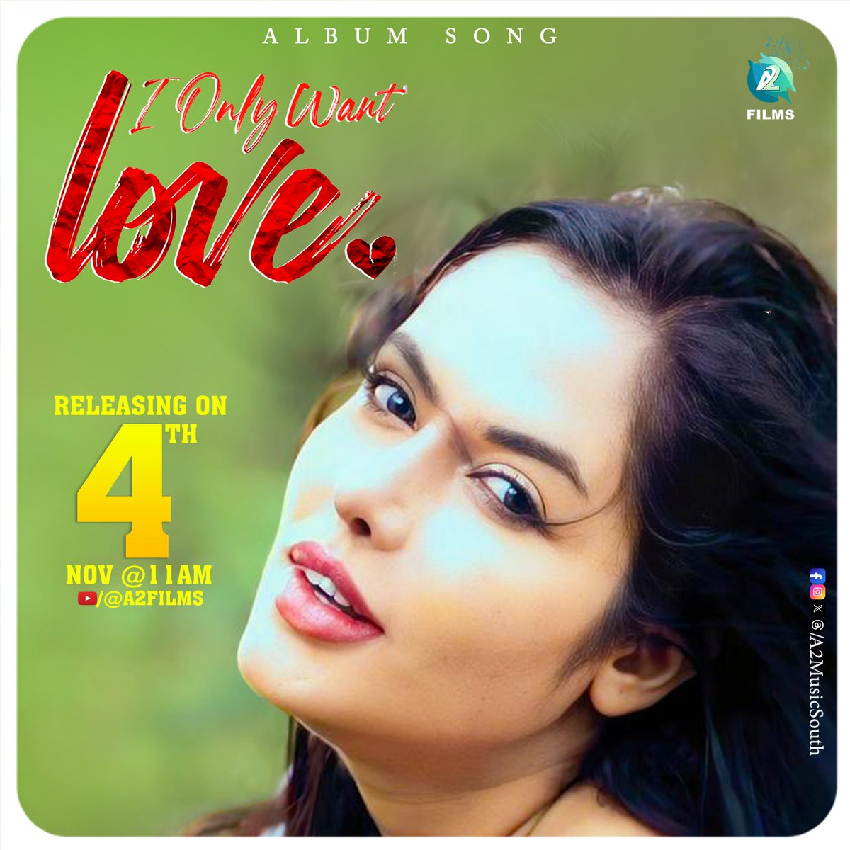 Love is in the air! ❤️ 'I Want Only Love,' an album song that speaks to the heart, is releasing on the 4th at 11 AM, exclusively on A2 Films. Tune in and let the love songs serenade your soul. 🎶📅 

#IWantOnlyLove #NewRelease #A2Films #KannadaSongs