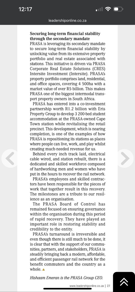 PRASA GCEO, Hishaam Emeran, writes in the latest <a href="/Leadership_Mag/">Leadership Magazine</a> about the resilience the organisation has shown during the rebuilding of the passenger rail network. 

26 of the 40 lines operational. 
230 stations refurbished.

leadershiponline.co.za/magazine/1023/…

#RebuildingRail